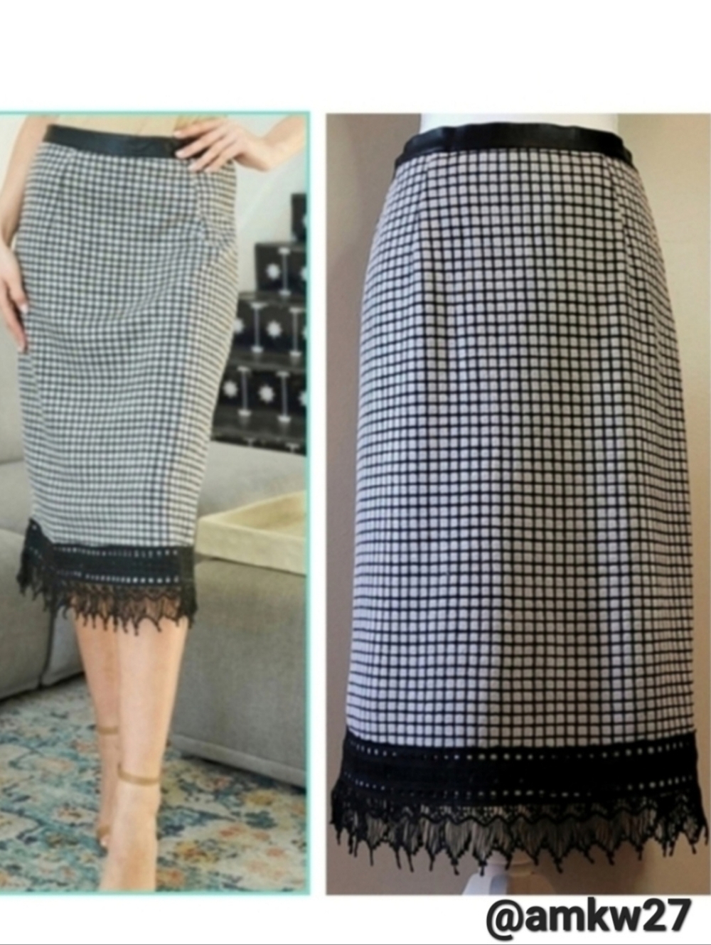NWT Ryu Midi Pencil Skirt Black & Gray w/ Lace Crochet Hem